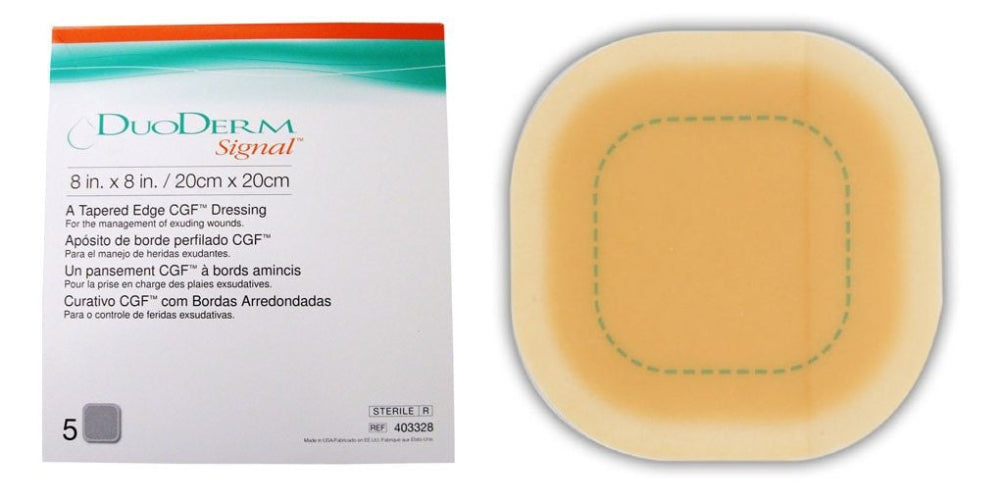 DuoDerm Signal 8 x 8 inch tapered edge CGF dressing shown next to its retail box. The product is a semi-translucent beige circular dressing with a green dashed inner border, displayed alongside its white packaging with teal and orange accents.