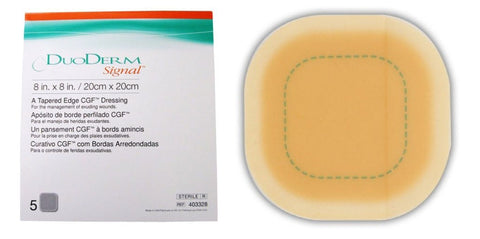 DuoDerm Signal 8 x 8 inch tapered edge CGF dressing shown next to its retail box. The product is a semi-translucent beige circular dressing with a green dashed inner border, displayed alongside its white packaging with teal and orange accents.