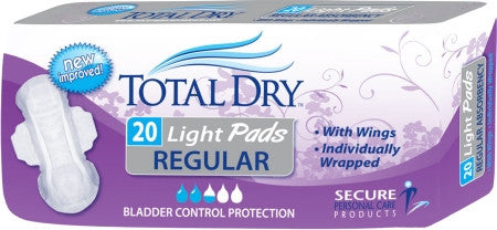 SECURE PERSONAL CARE SP1560 TotalDry Light Pads Regular with Wings (CS)